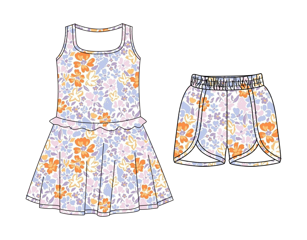 CUSTOM MOQ 5 Sibling Baby Girls Sleeveless Purple Flowers Knee Length Dress Shorts Yoga Athletic Sets