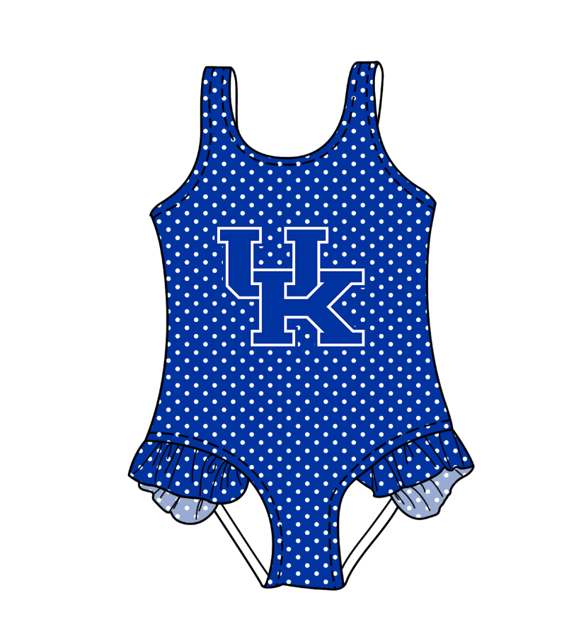 CUSTOM MOQ 5 Cute Comfortable Clothing For Kids Baby Girls Blue UK Polka Dots Ruffle Team One Piece Swimsuits