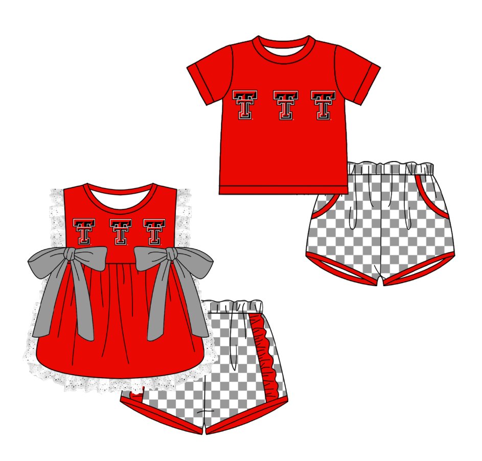 CUSTOM MOQ 5 Cute Comfortable Clothing For Kids Sibling Boys Baby Girls Summer Red T Bow Top Gray Checked Shorts Team Clothes Sets