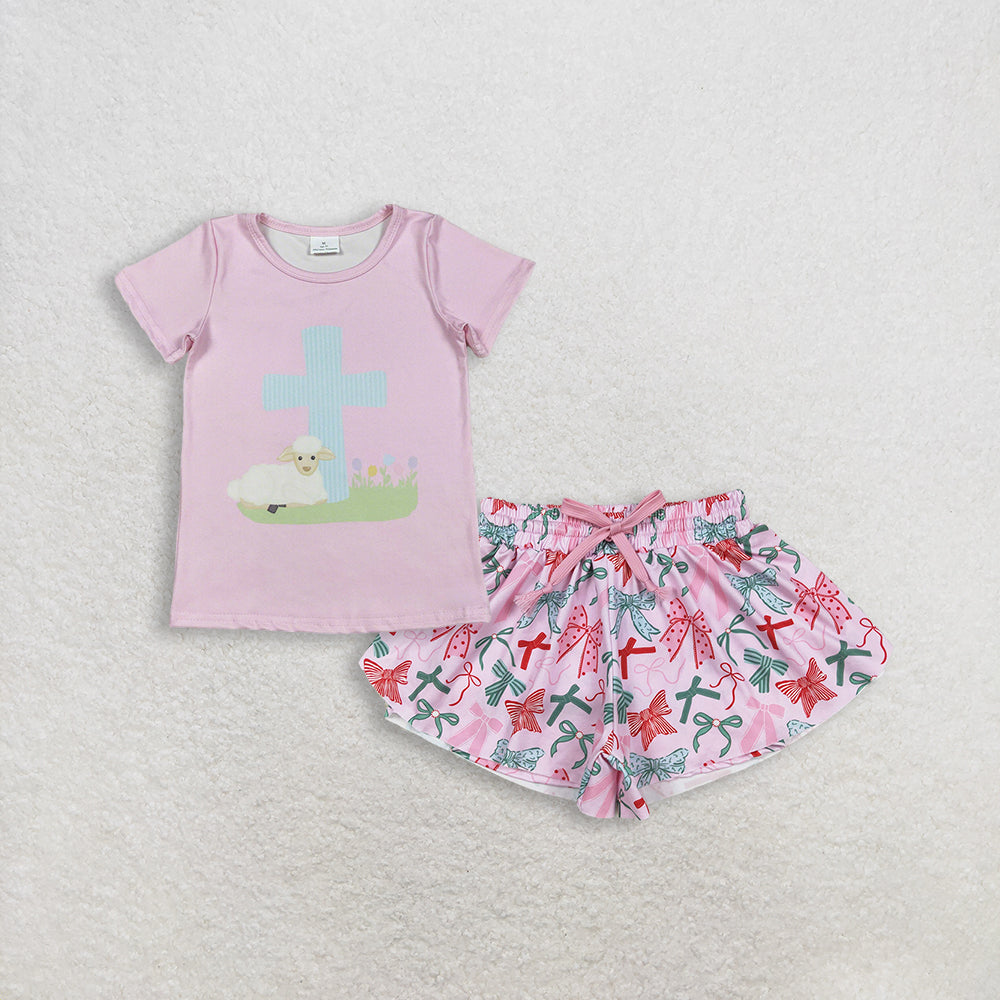 3.5 RTS NO MOQ (In stock)GT1394 + SS0578 Baby Girls Pink Short Sleeve Cross Sheep Easter T-shirts Top Summer Shorts Bottoms