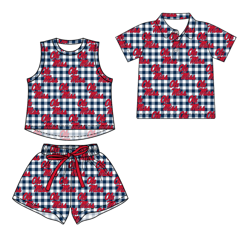 3.13 CUSTOM MOQ 5 Sibling Boys Baby Girls Summer Fashion Blue Check Sleeveless Top Shorts Button Polo Shirts Team Clothes Sets