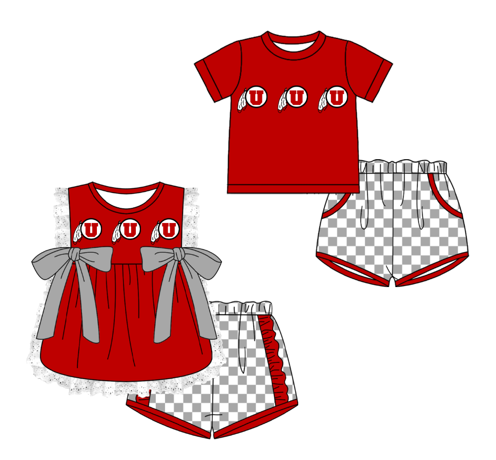 CUSTOM MOQ 5 Cute Comfortable Clothing For Kids Sibling Boys Baby Girls Summer Red Bow Top Gray Checked Shorts Team Clothes Sets