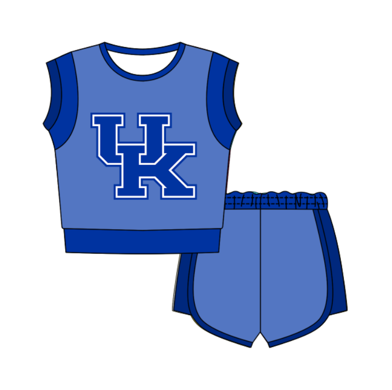 CUSTOM MOQ 5 Cute Comfortable Clothing For Kids Baby Kids Summer Sky Blue UK Sleeveless Patchwork Top Shorts Clothes Sets