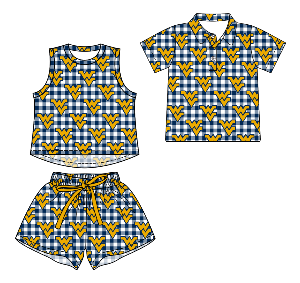3.14 CUSTOM MOQ 5 Sibling Boys Baby Girls Summer Fashion Blue Check Sleeveless Top Shorts Button Polo Shirts Team Clothes Sets