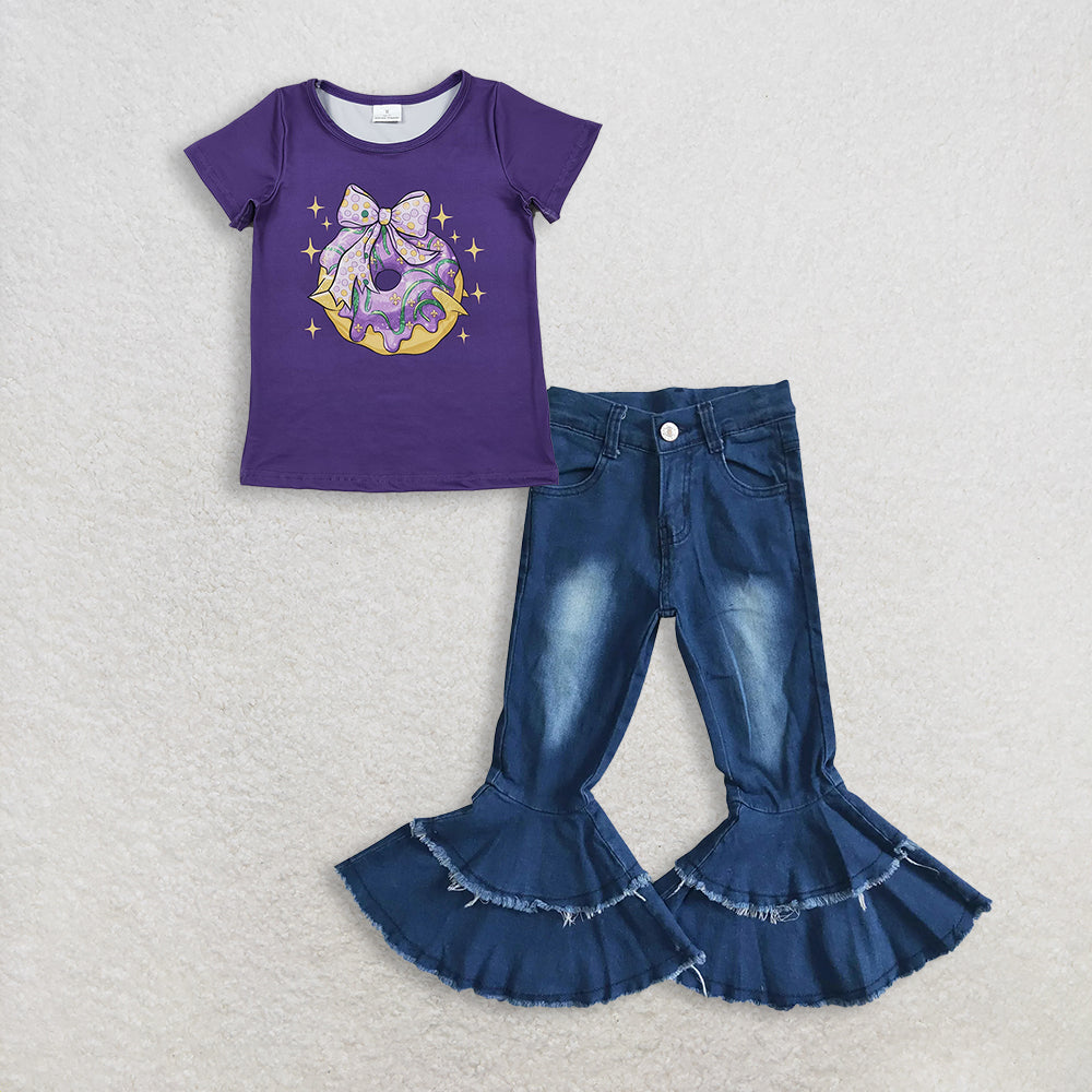 3.3 RTS NO MOQ (In stock)GT1252 + P0003 Baby Girls Summer Purple Short Sleeve Bow Donuts Mardigras Top Denim Jeans Pants Clothes Sets