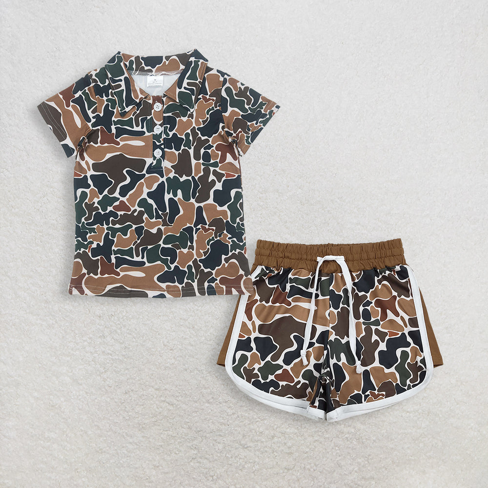 3.16 RTS NO MOQ (In stock)BT1213 + SS0742 Fashion Clothing For Baby Boys Short Sleeves Button Olive Camo Polo Shirts Tops Shorts Bottom