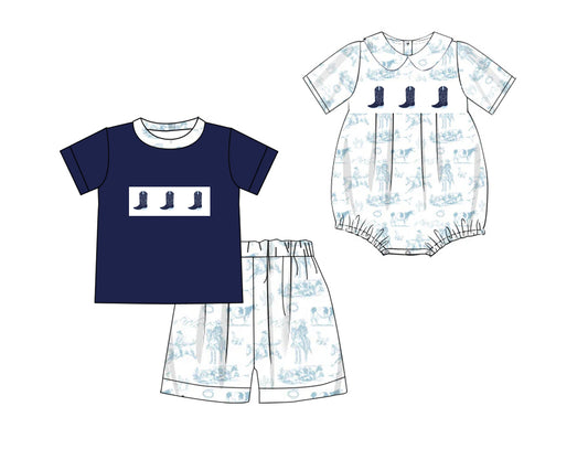 Western Boys Rodeo Short Sleeve Boot Top Set Casual Shorts Outfit for Kids