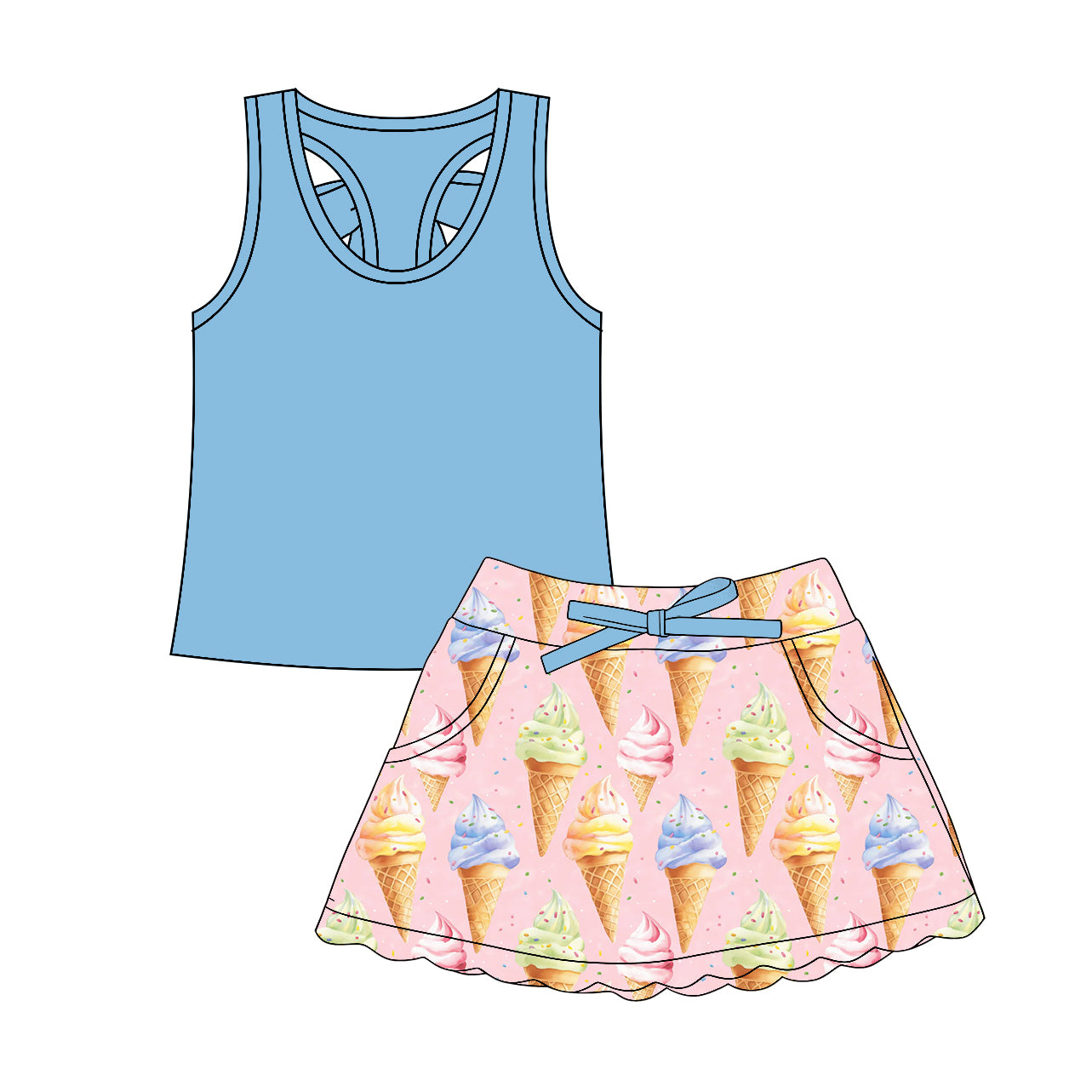 CUSTOM MOQ 5 Baby Girls Blue Ice cream Sleeveless Top Skirt Shorts Yoga Active Clothes Sets
