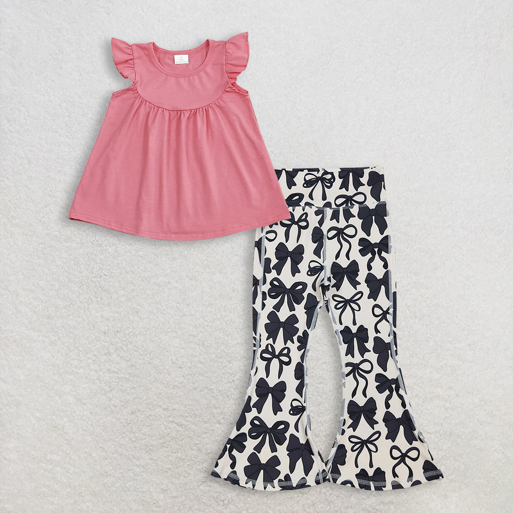 3.13 RTS NO MOQ (In stock)GT0462 + P0775 Baby Girls Dark Pink Flutter Sleeve Tunic Tops Black Bows Bell Bottom Yoga Pants