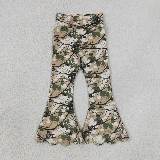 P1035 RTS NO MOQ (In stock)Baby Girls Leaves Camo Scallop Edge Flare Leg Pants