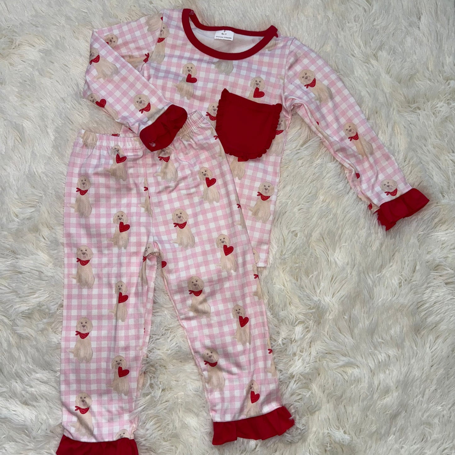 10.29 RST GLP2880 Baby Girls Dogs Hearts Pockets Ruffle Pants Valentine Pajamas Sets