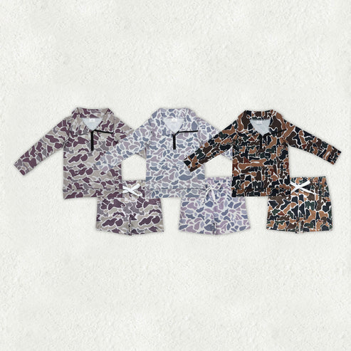 10.15 RTS Sibling Baby Boys Long Sleeve Camo Zipper Pullover Pockets Shorts Southern Clothes Set