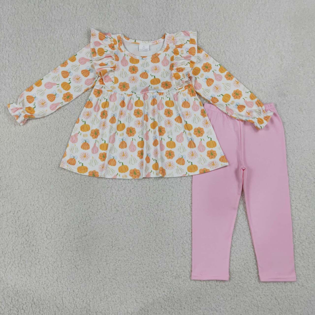 GLP3408 RTS NO MOQ (In stock)Baby Girls Pumpkins Plaid Tunic Legging Pant Fall Clothes