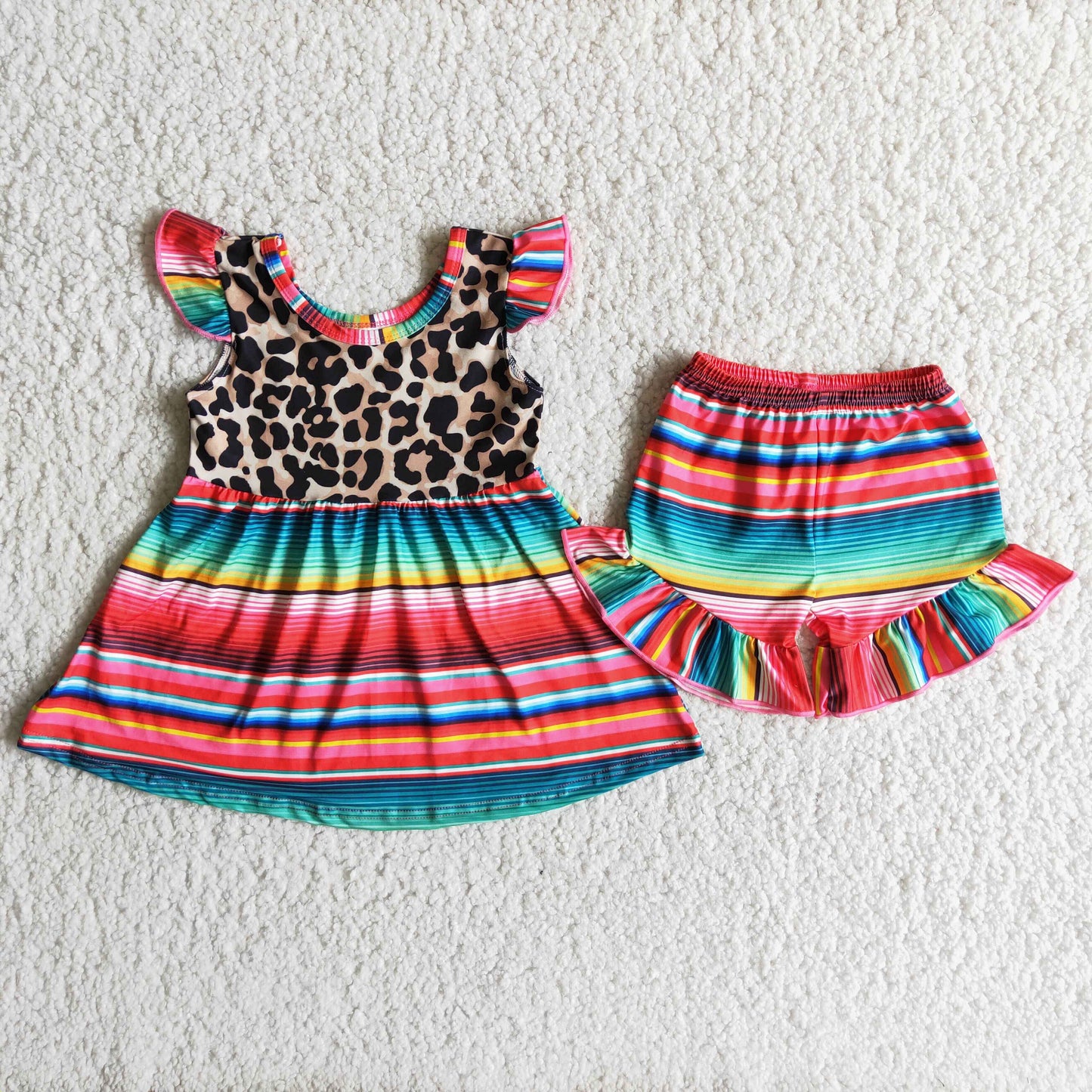 3.14 A1-3 RTS No Moq Clearance Baby Girls Summer Flutter Sleeve Leopard serape ruffle shorts sets