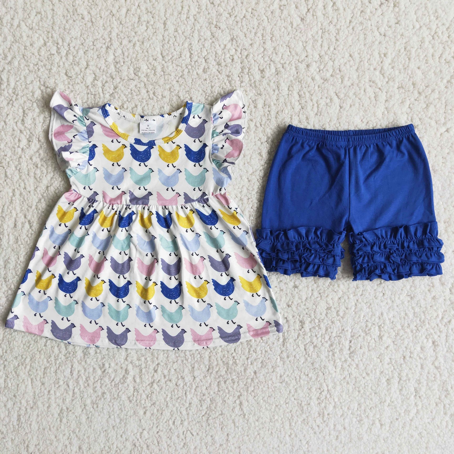 6.18 A10-11 Baby Girls Summer Outfits Chicken blue ruffles shorts set