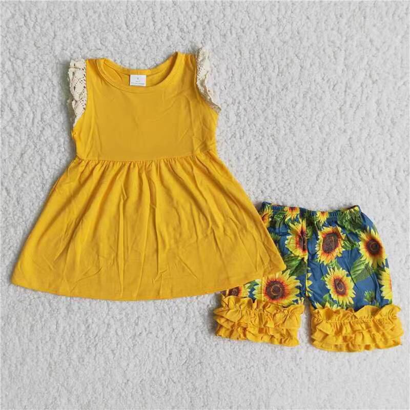 3.7 A10-24 RTS No Moq Clearance Baby Girls Yellow Sunflower soft shorts set