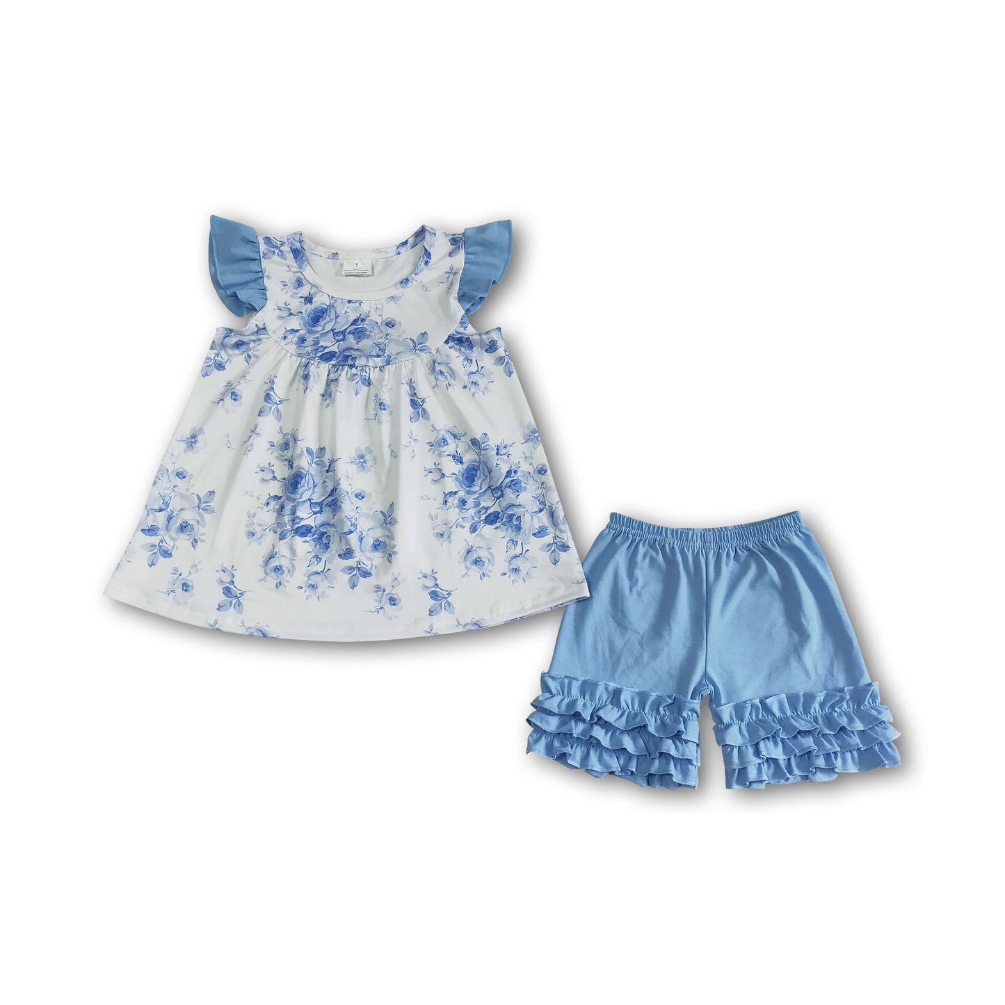 A14-9 Baby Girls Summer Outfits Baby Girls Blue floral pearl ruffle shorts sets