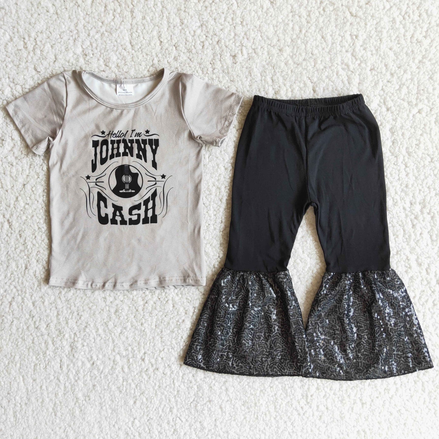 A17-14 Sales New RTS NO MOQ Clearance Grey Guitar Sequins Bells Pants Singer Girls Outfit