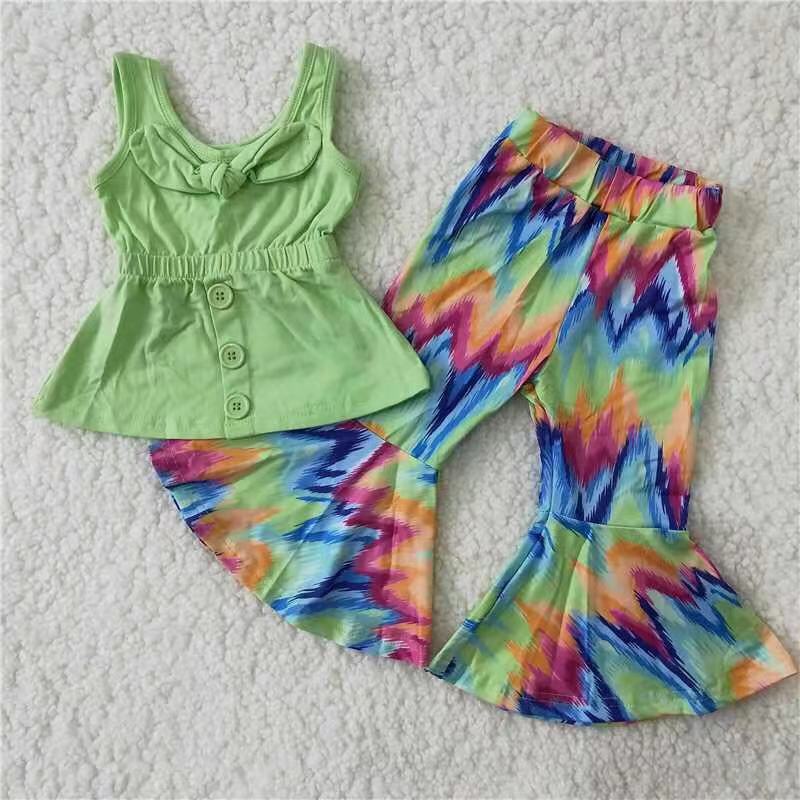 3.14 A17-23 RTS No Moq Clearance Baby Girls Summer Green Bow Tie Dye Print Outfit