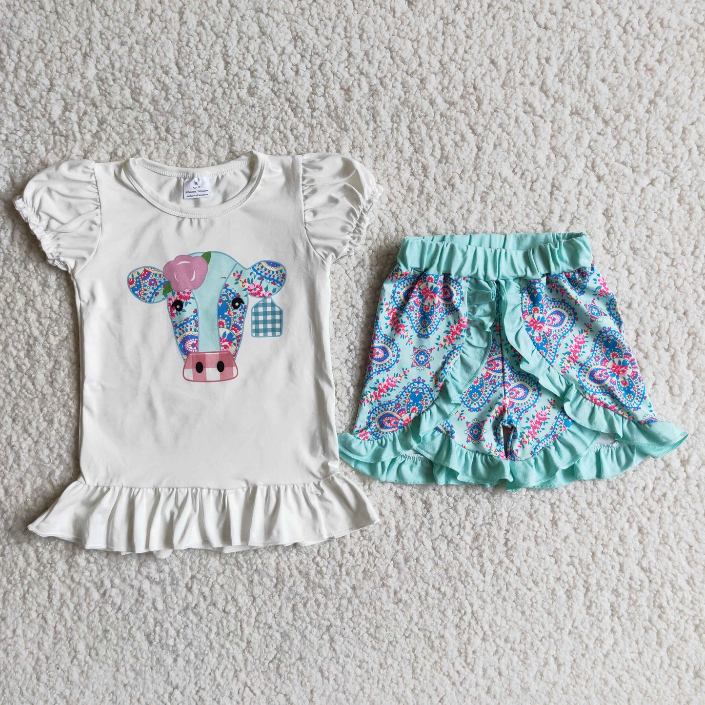 6.19 A4-12 Baby Girls Summer Outfits Baby girls summer western green cow ruffle shorts sets