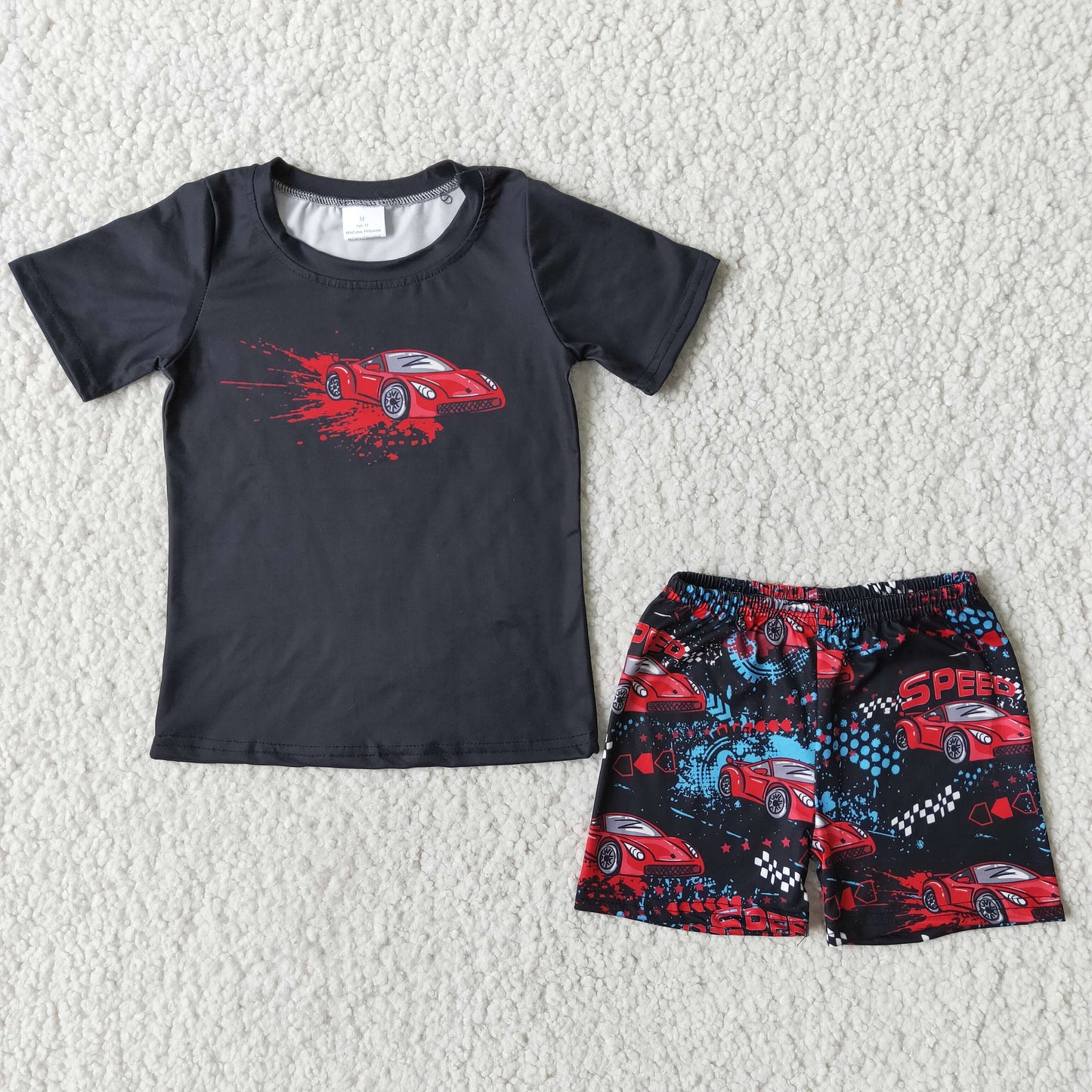 3.21 B0-27 RTS No Moq Clearance Baby Boys Summer Short Sleeve Black car shorts sets