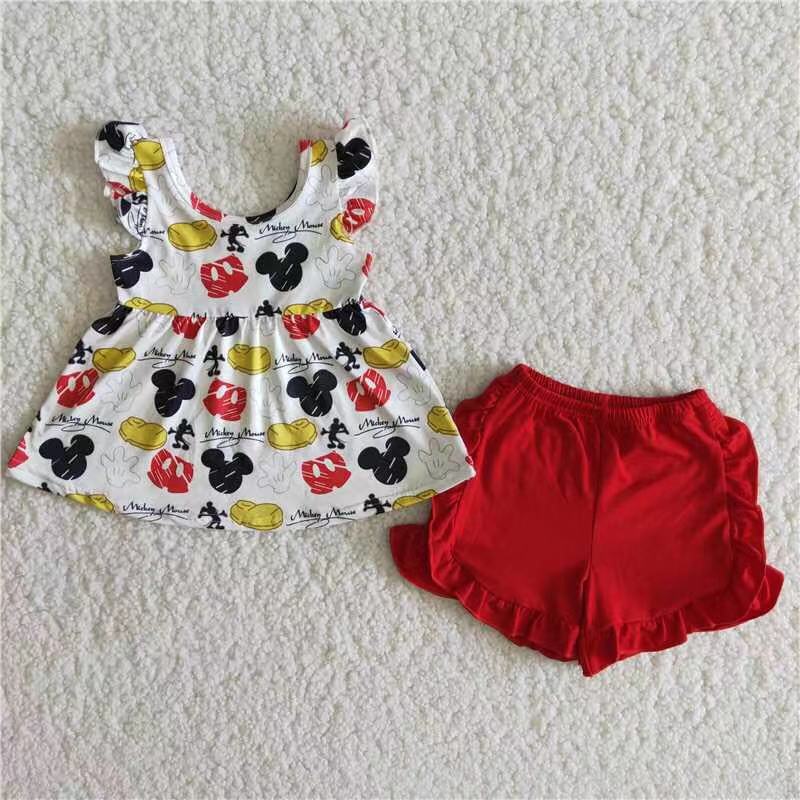 5.17 B15-16 Baby Girls Summer Outfits Red cartoon character soft shorts set