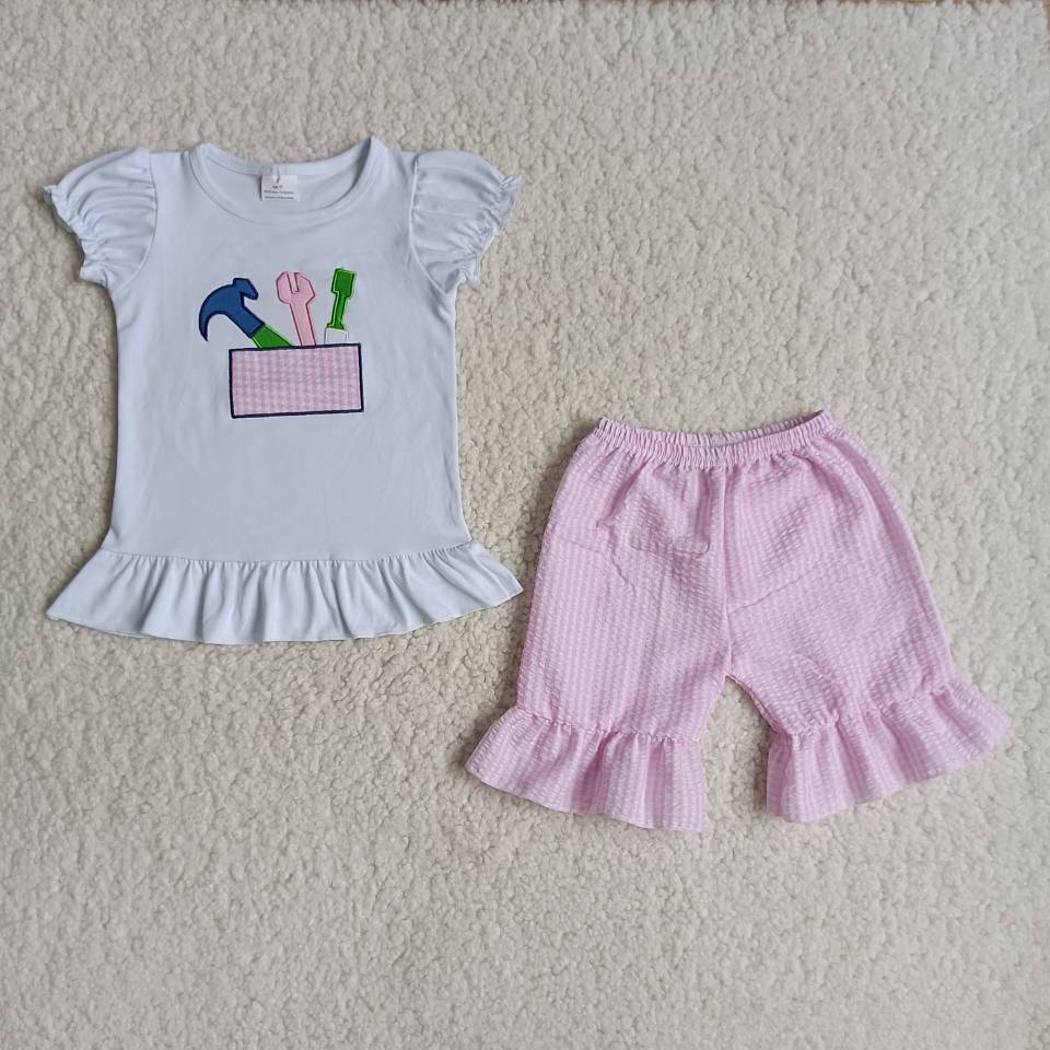 3.7 B3-1 RTS No Moq Clearance Baby Girls Tools Shirt Top Summer Ruffle Shorts Clothes Sets