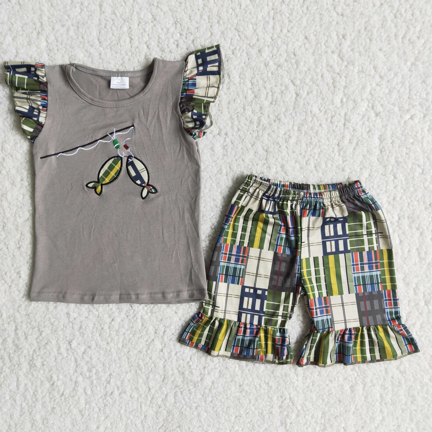 5.15 B3-15Fishing embroidery cotton shirt ruffle shorts girls clothing