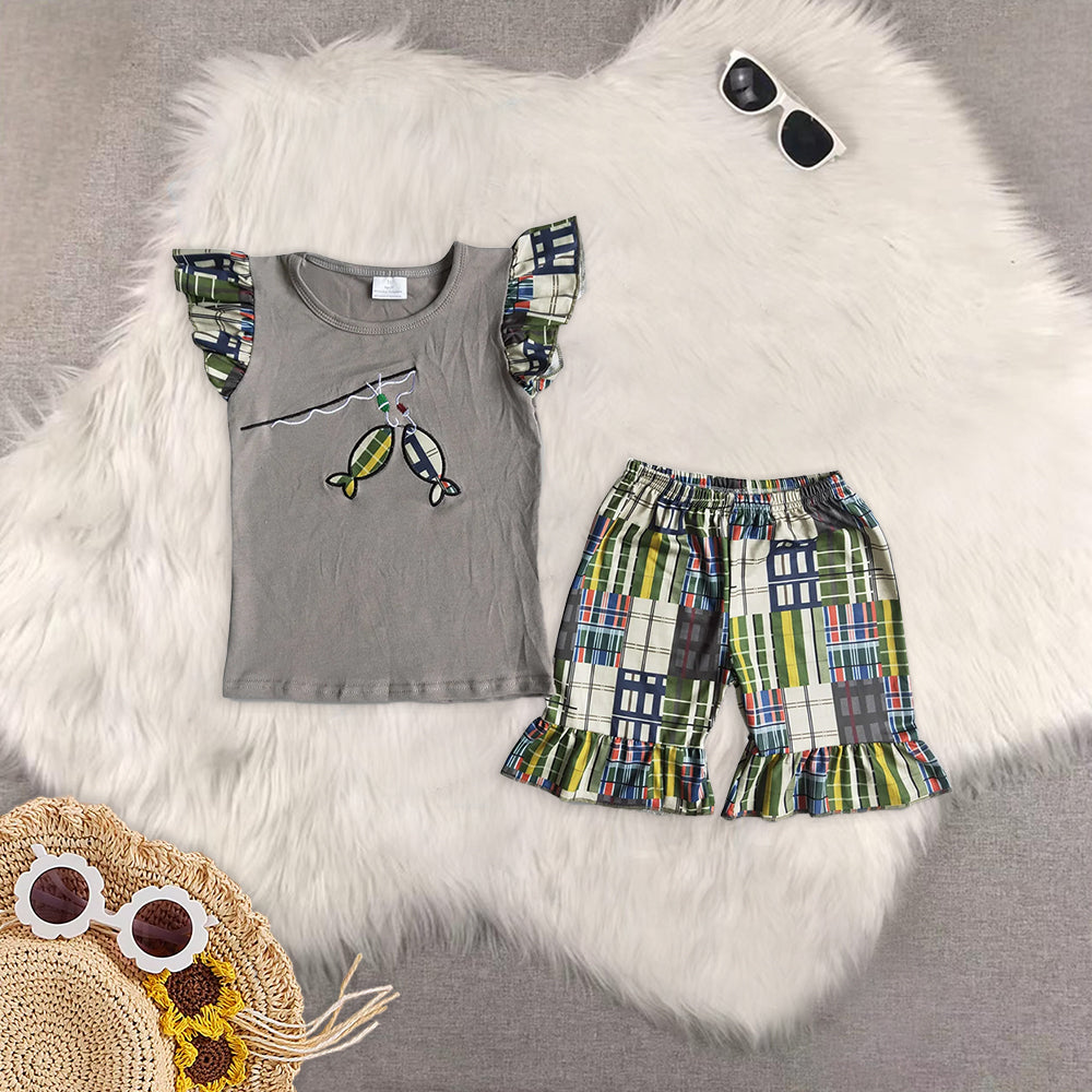 8.12 RTS Sibling Fishing embroidery cotton shirt ruffle shorts girls clothing