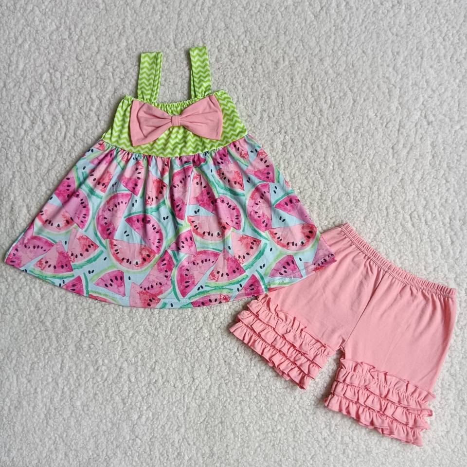 7.03 B3-3 Baby Girls Summer Outfits Shoulder Strap Watermelon Bow Shorts Set