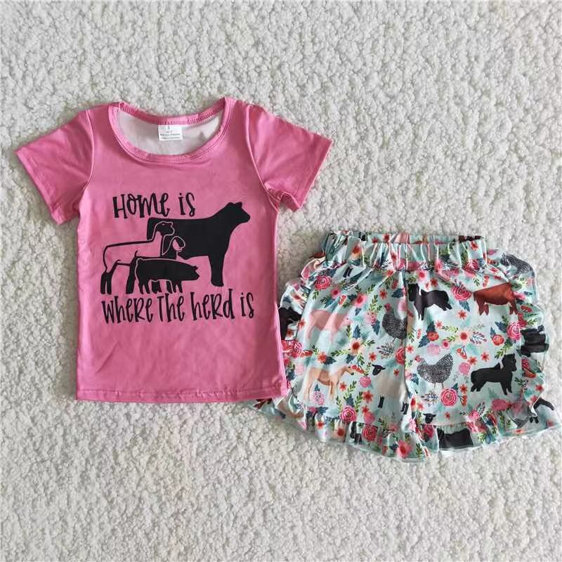 7.05 B5-22 Baby Girls Summer Outfits Pink T-shirt farm exquisite ruffles Shorts sets