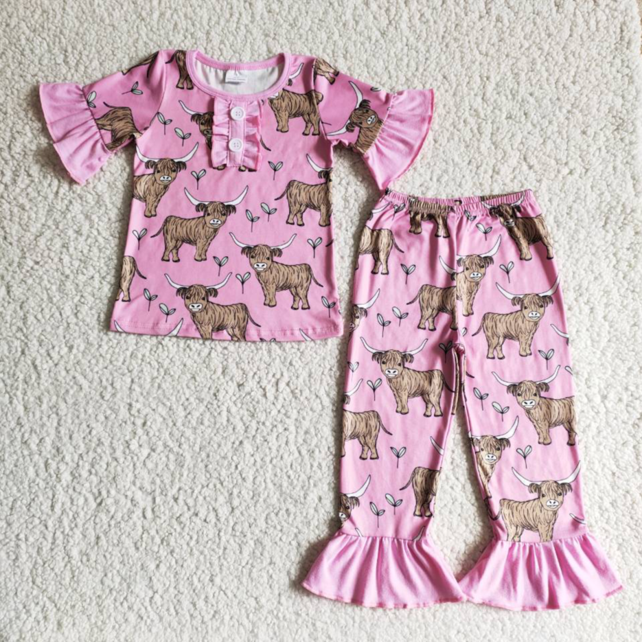 3.14 B7-25 RTS No Moq Clearance Baby Girls Summer western short sleeve pink heifer pants pajamas sets