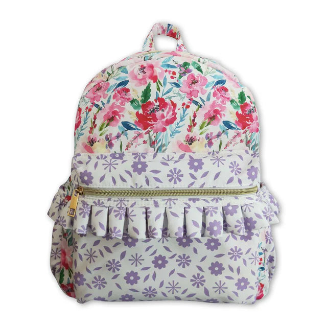 RTS NO MOQ Sibling Baby Kids Cute Floral Lavender Print Backpacks And Lunch Boxes