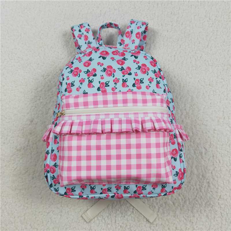 USA Warehouse (IN STOCK)BA0217 Pink Plaid Ruffle Floral Baby Girls Backpack Cute And Stylish Kids School Bag for Girls