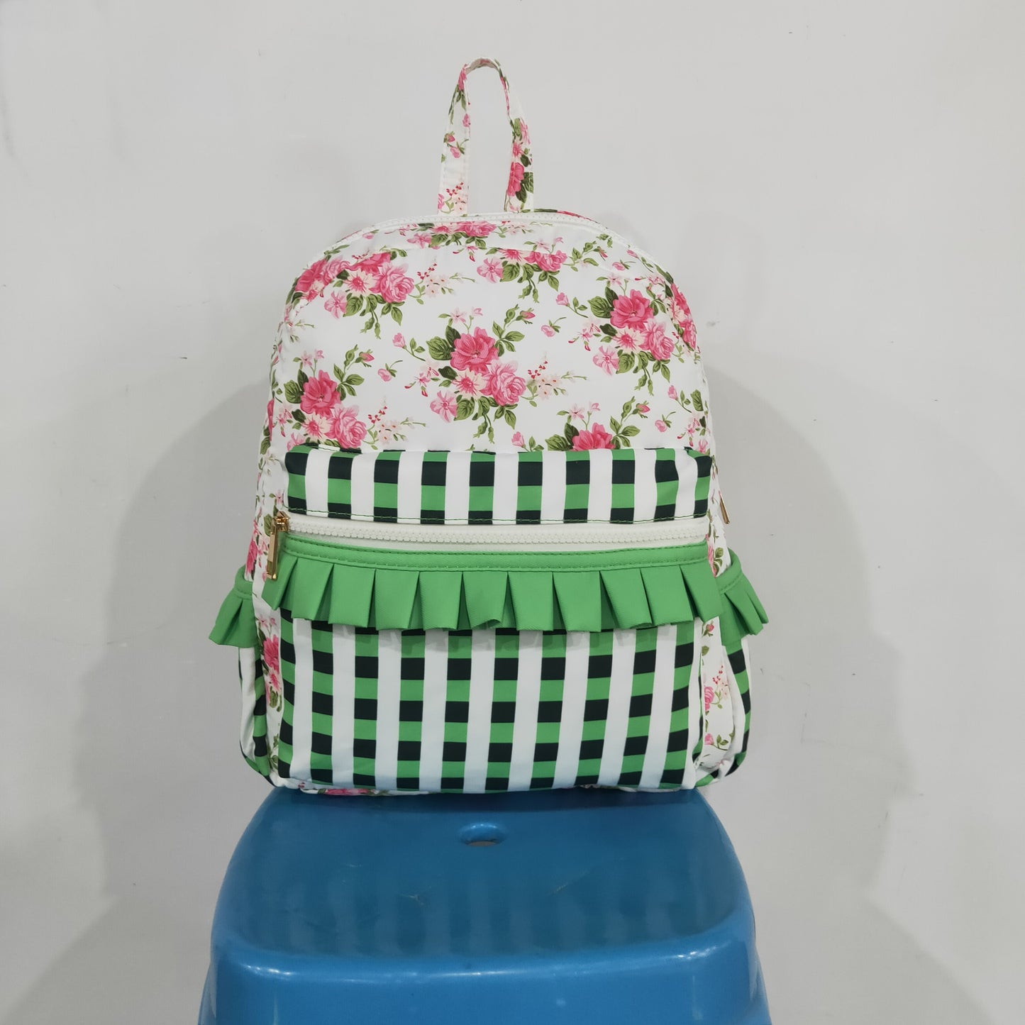 BA0218 RTS NO MOQ (In stock)Green plaid ruffle floral baby girls backpack