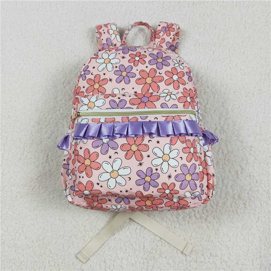 USA Warehouse (IN STOCK) BA0240 Lavender Ruffle Floral Backpack for Kids Girls Floral Print Backpack with Ruffle Detail School Bag for Girls