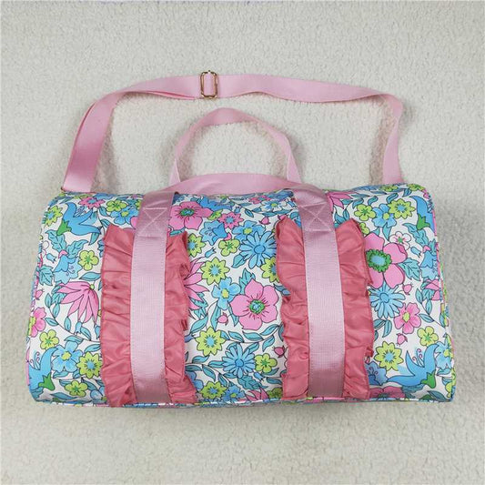 USA Warehouse (IN STOCK)BA0291 Pink Floral Ruffle Band Women's Duffel Bag Casual Canvas Tote with Zipper for Travel And Leisure