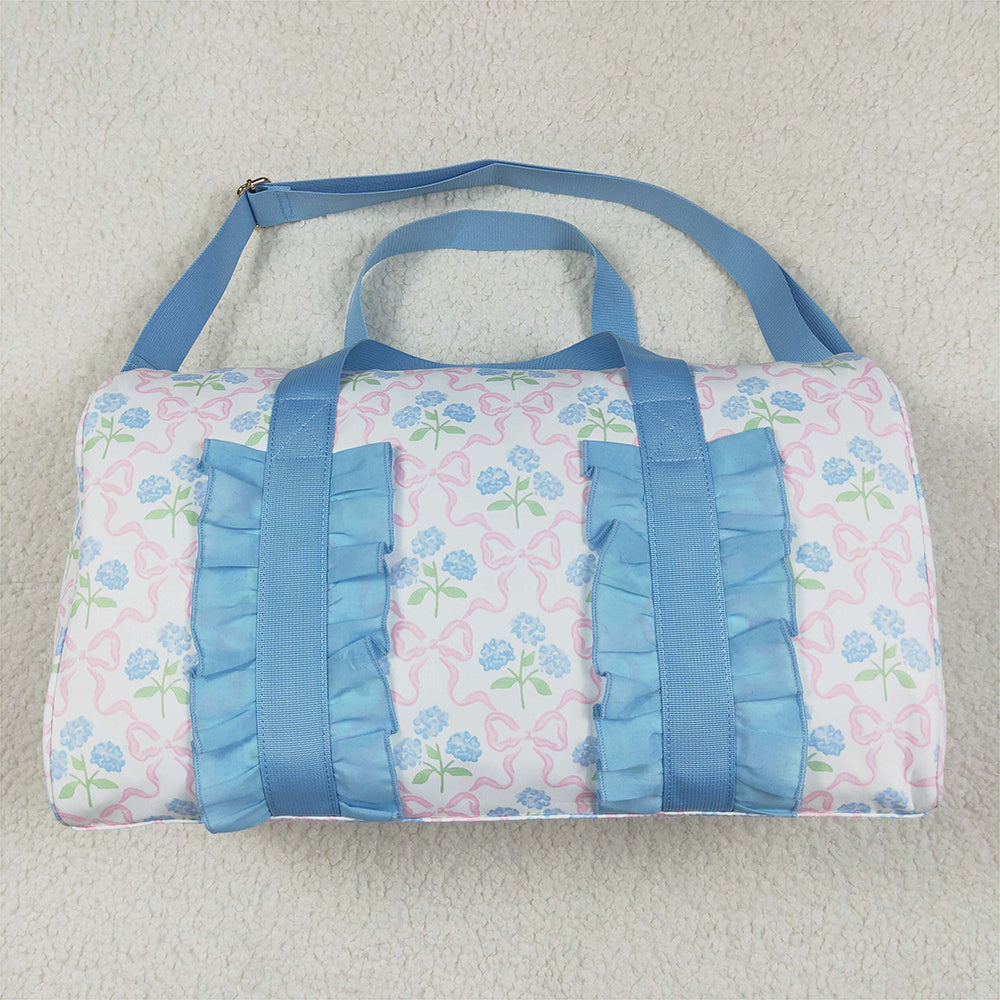 USA Shop (in stock)BA0294Light Blue Floral Bow Women Duffel Bag Ruffle Band Stylish Casual Canvas Tote for Travel And Leisure