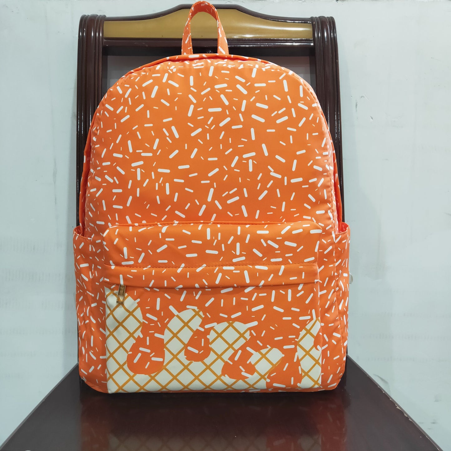 11.22 RTS NO MOQ (In stock)BA0339 Baby Kids Orange Drip Sprinkles Team Zipper School Back Bags 13*5*17 inches