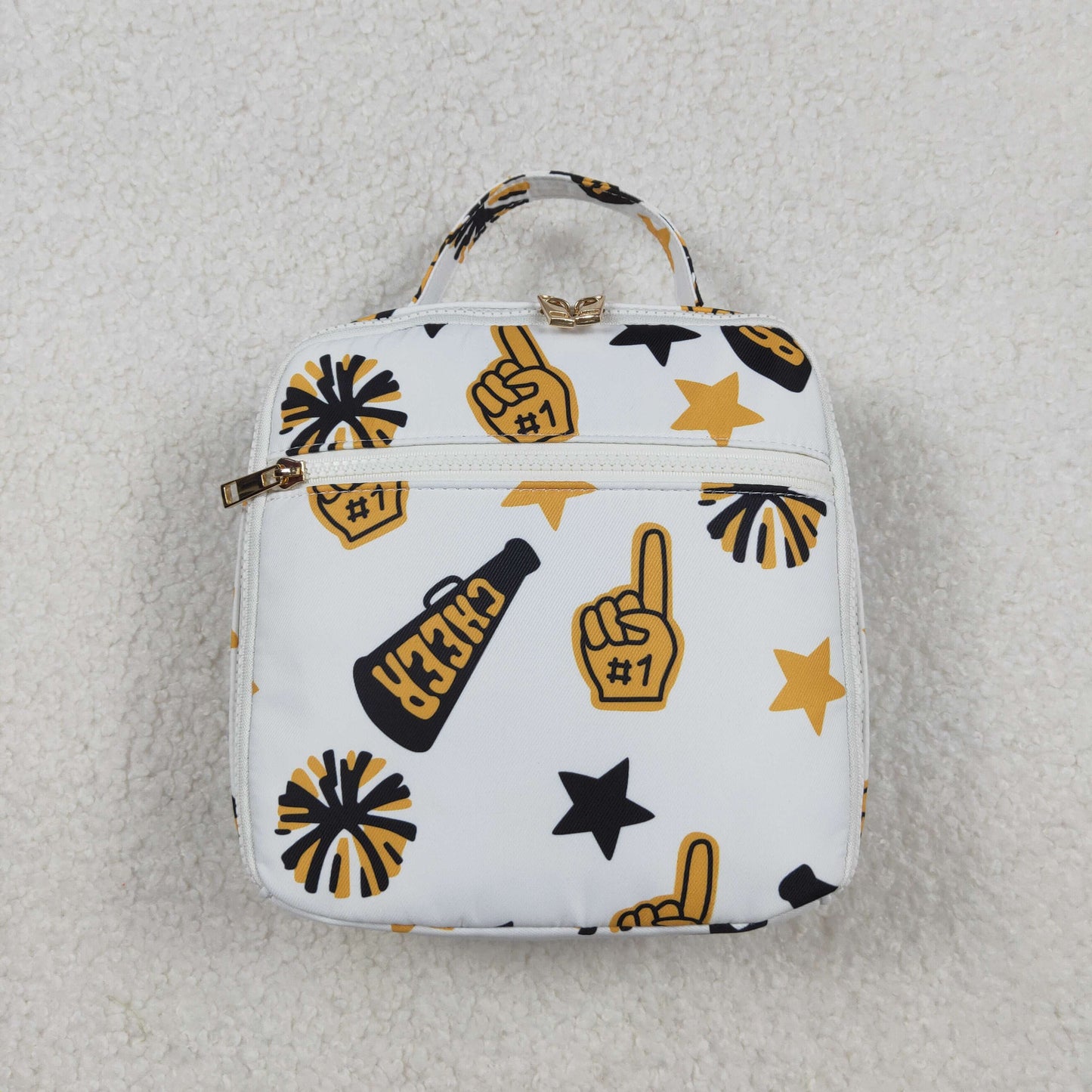 10.21 RTS NO MOQ (In stock)BA0362 Baby Bags Baby Kids Team Black Gold Cheer Fireworks Zipper School Lunch Boxes
