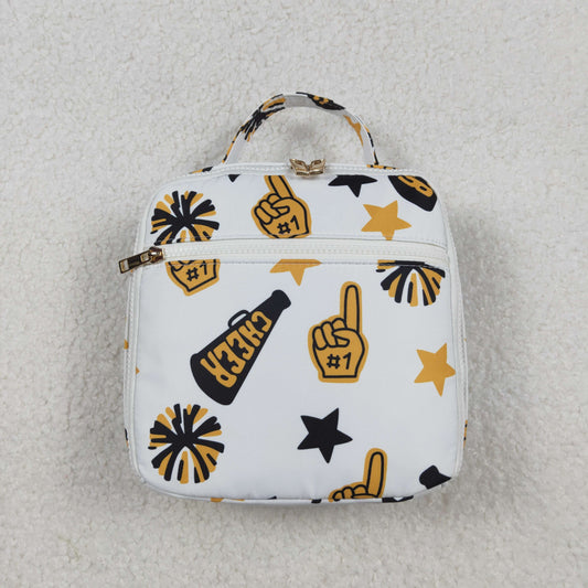 10.21 RTS NO MOQ (In stock)BA0362 Baby Bags Baby Kids Team Black Gold Cheer Fireworks Zipper School Lunch Boxes