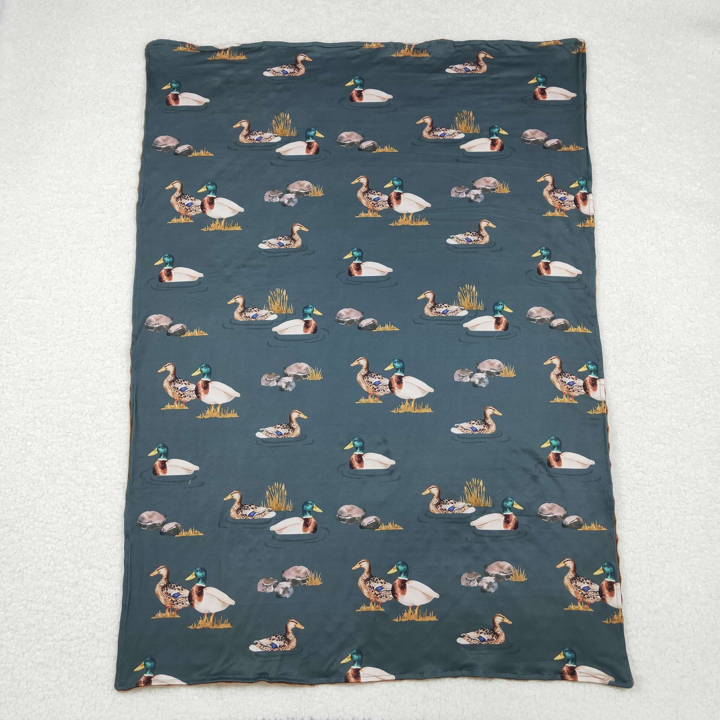 BL0186Brown minky polka dots duck hunting baby blanket