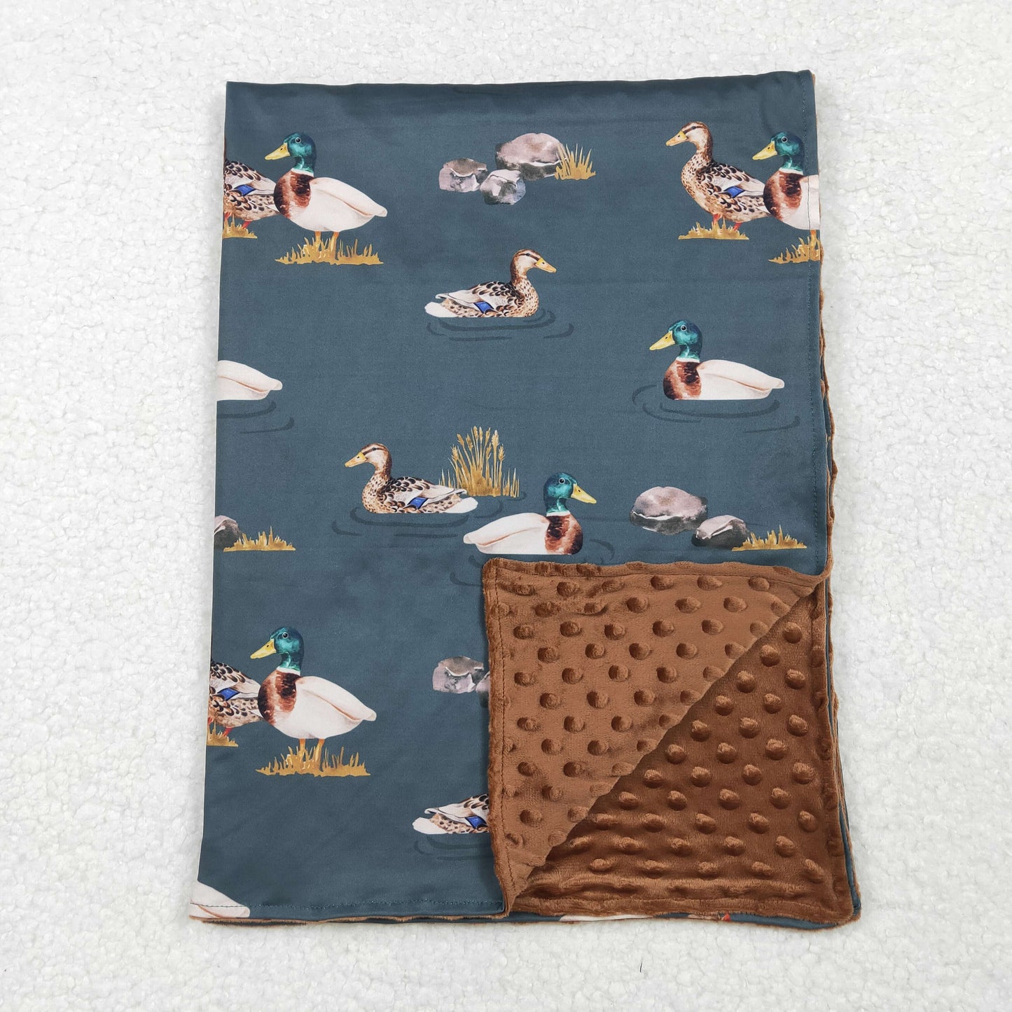 BL0186Brown minky polka dots duck hunting baby blanket