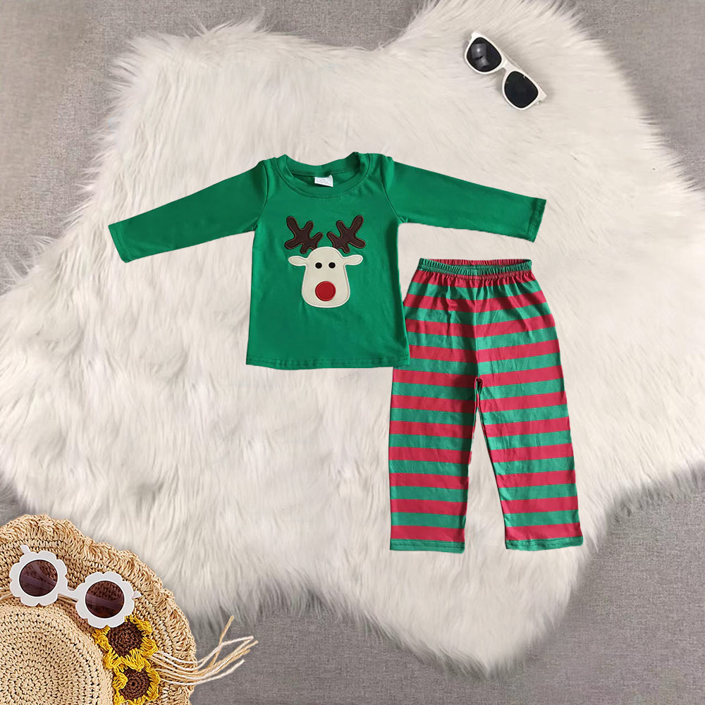 8.21 RTS Sibling Baby Boys Girls Reindeer embroidery tunic stripe pants kids girls Christmas clothes