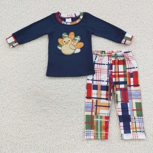 9.22 RTS Sibling Baby Boys Embroidery Turkey Long Sleeves Pants Thanksgiving Clothes Sets