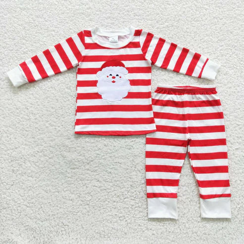 9.22 RTS Embroidery Santa Sibling Baby Boys Stripes Shirt Top Pants Christmas Pajamas Sets