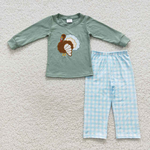 9.22 RTS Sibling Baby Boys Embroidery Turkey Long Sleeves Pants Thanksgiving Clothes Sets