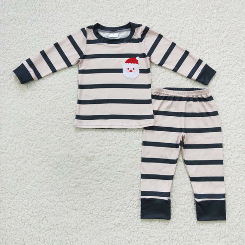 9.22 RTS Embroidery Santa Sibling Baby Boys Stripes Shirt Top Pants Christmas Pajamas Sets