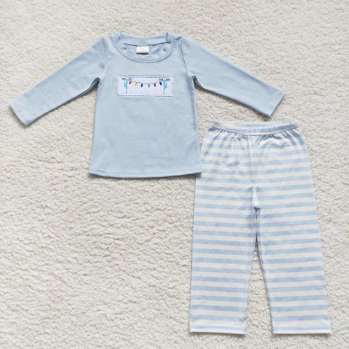 9.22 RTS Sibling Embroidery Lights Baby Kids Long Sleeves Pants Christmas Pajamas Sets