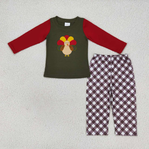9.15 RTS Sibling Baby Kids Embroidery Turkey Thanksgiving Clothes Sets Footie Rompers